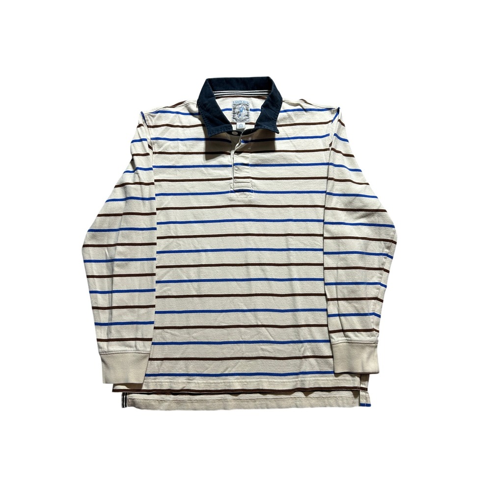 VTG Lands End Rugby Shirt Mens M Cream Striped Long Sleeve Cotton Navy Collar